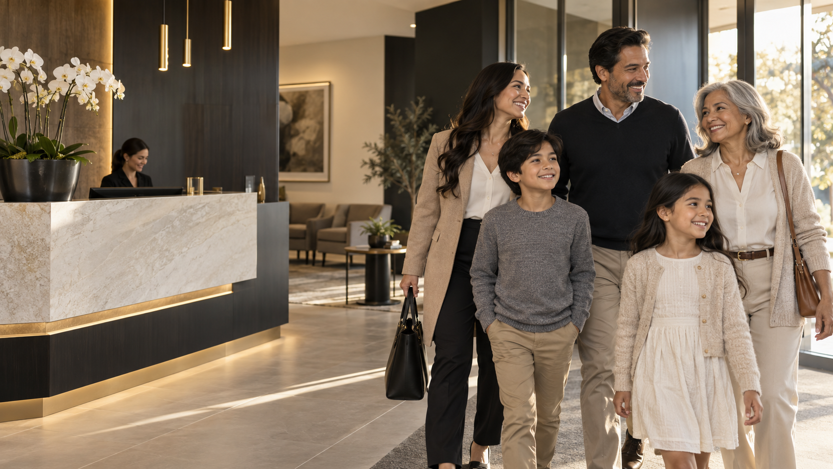 A multigenerational family leaving a welcoming dental clinic